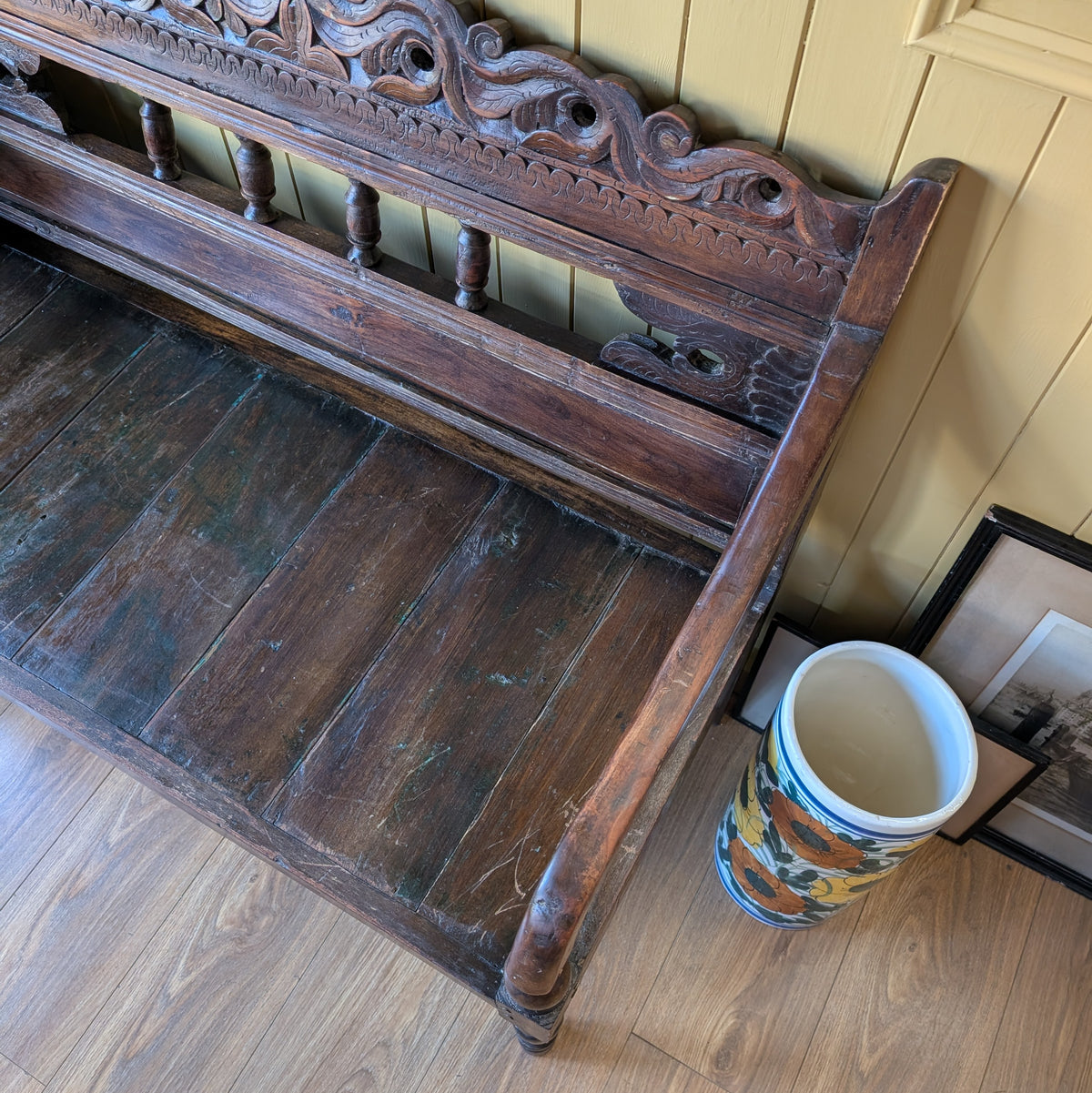 Vintage Carved Architectural Wooden Bench with Plank Seat