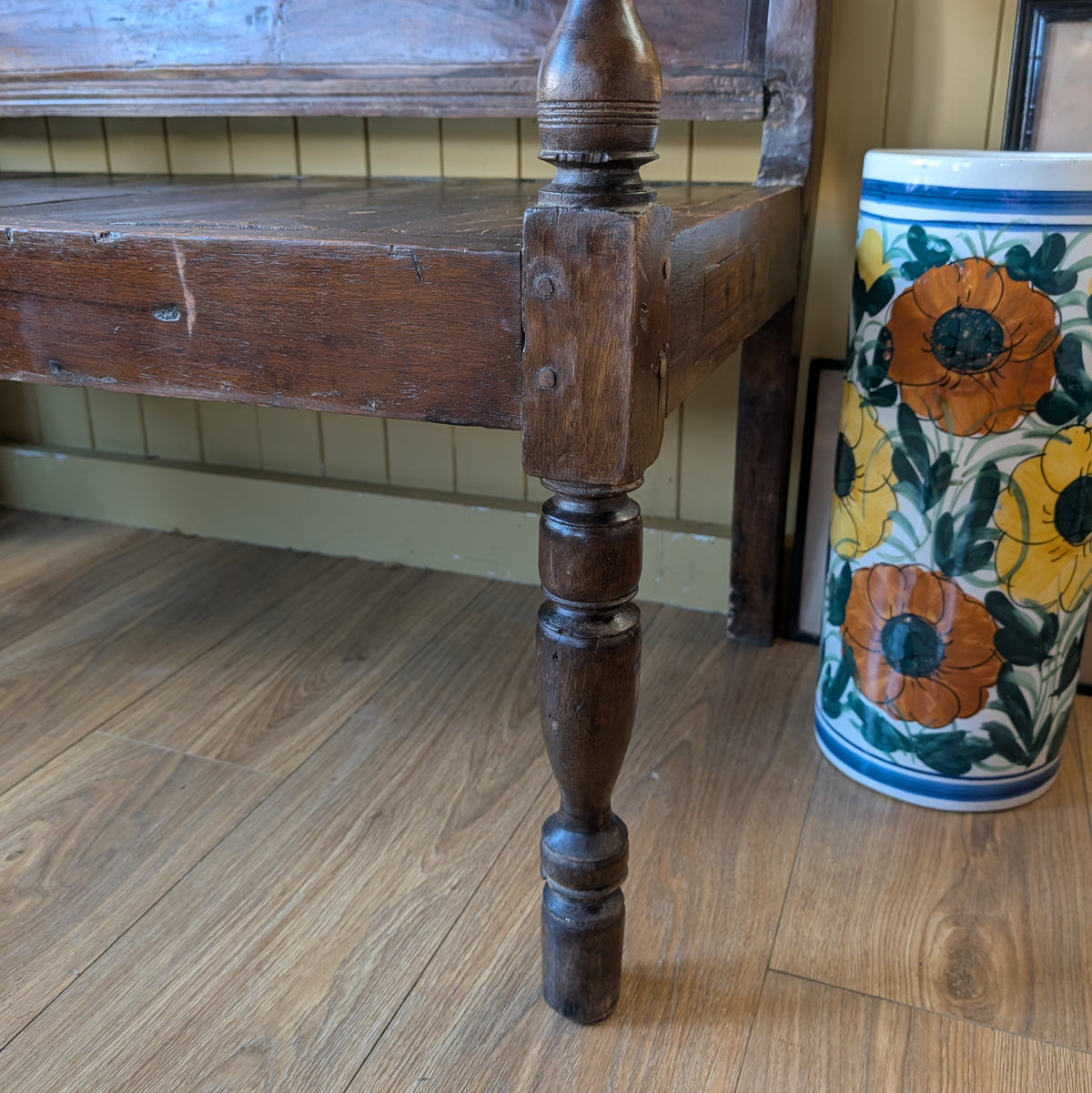 Vintage Carved Architectural Wooden Bench with Plank Seat