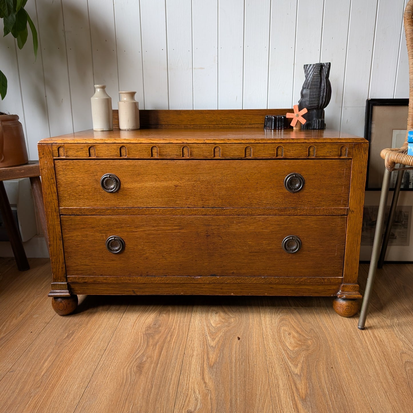 Small Low Antique Oak Chest of Drawers