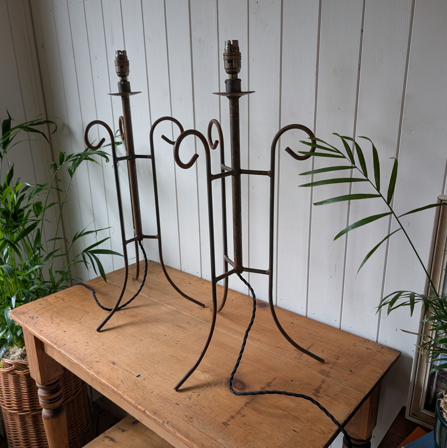 Pair of Large Antique Wrought Iron Lamps
