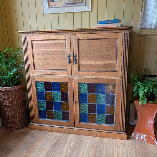 Vintage Oak Cup with Stained Glass Doors