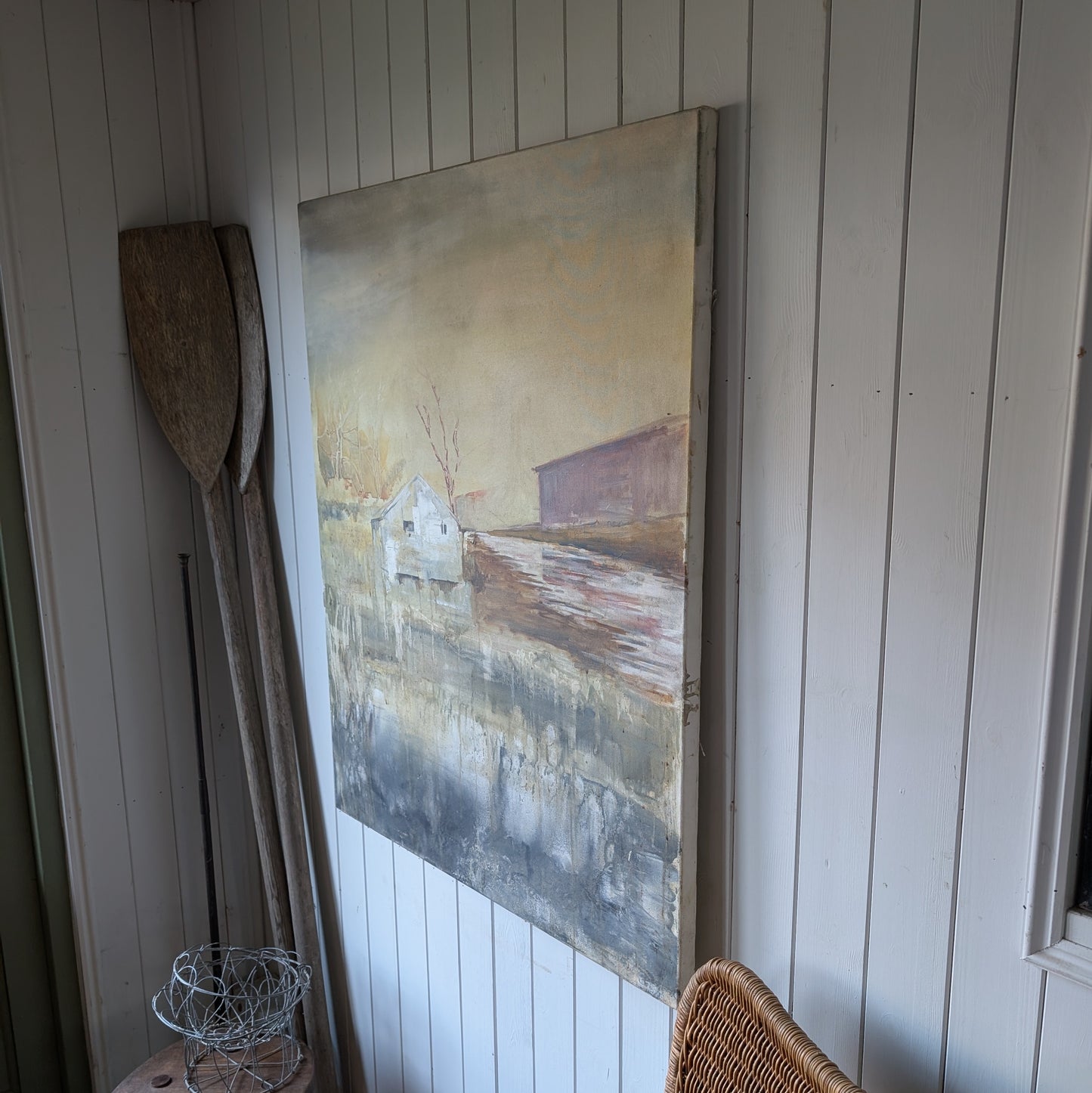 Large Vintage Oil Painting "River Barn"