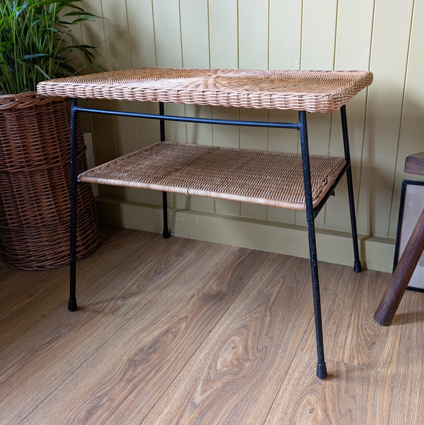 Mid Century Steel and Rattan Side Table