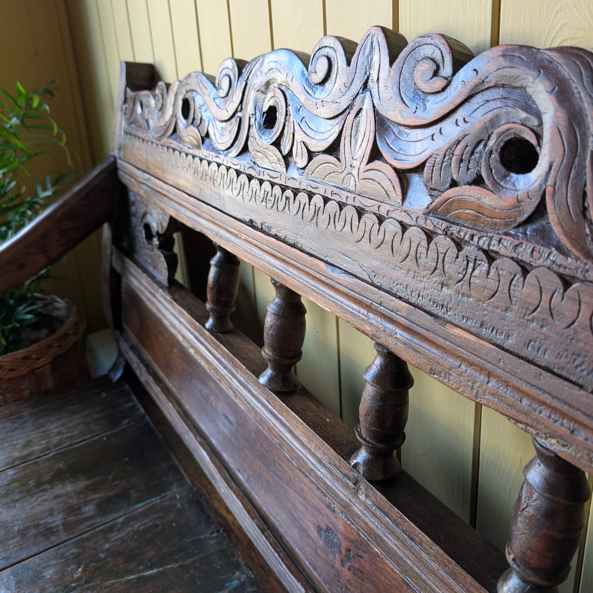Vintage Carved Architectural Wooden Bench with Plank Seat