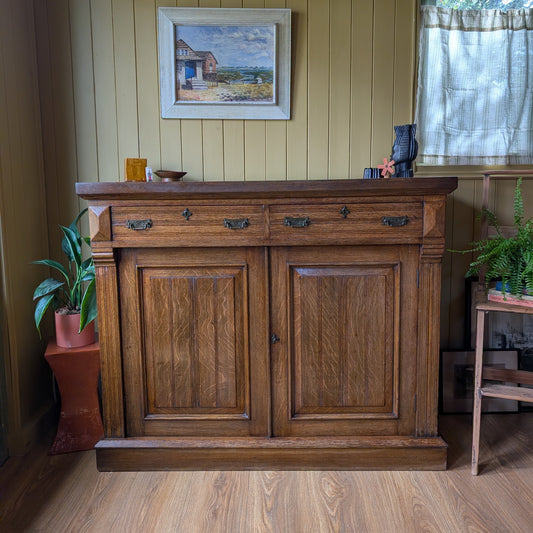 Large Antique Oak Cupboard with Two Drawers.