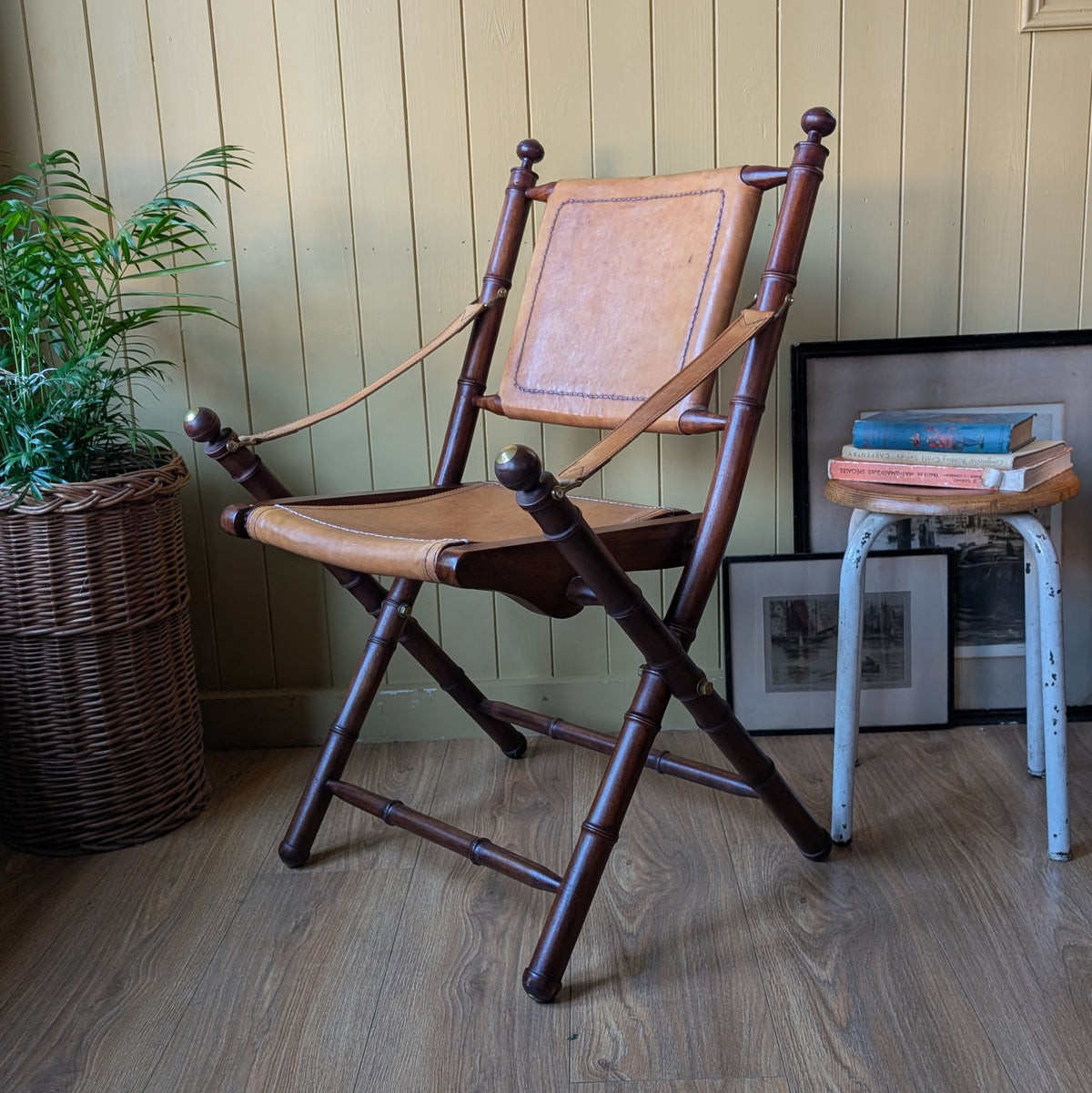 Vintage Faux Bamboo Leather Safari Chair