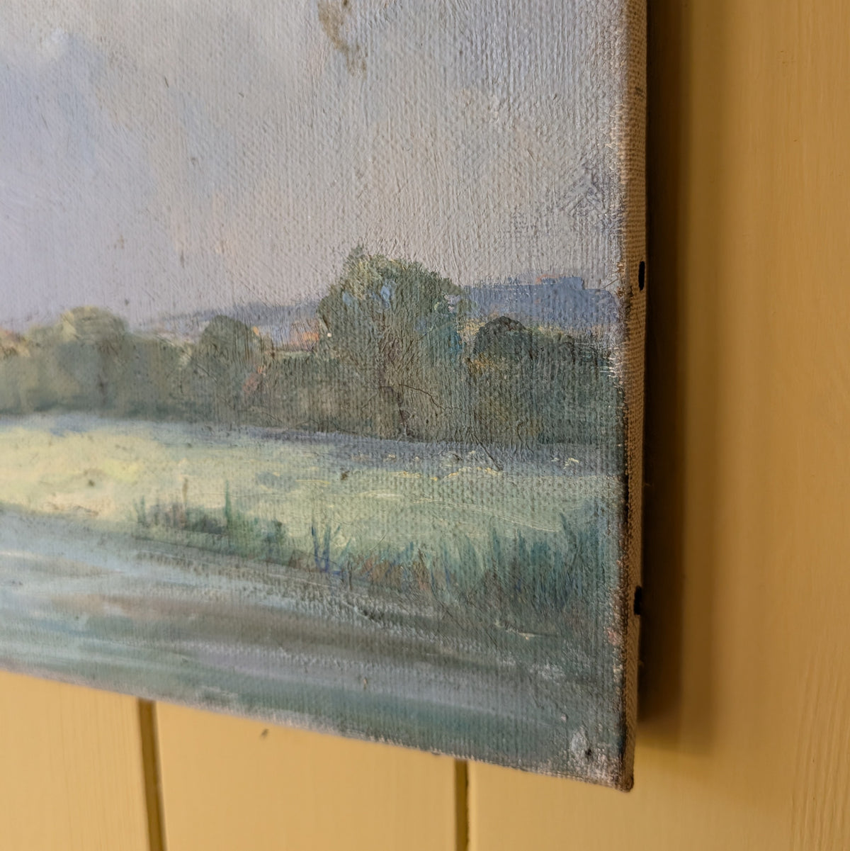Antique Oil Painting "Clouds over the River Meadow"