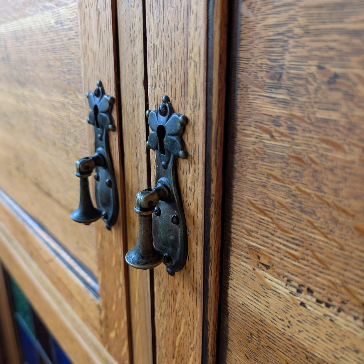 Vintage Oak Cup with Stained Glass Doors