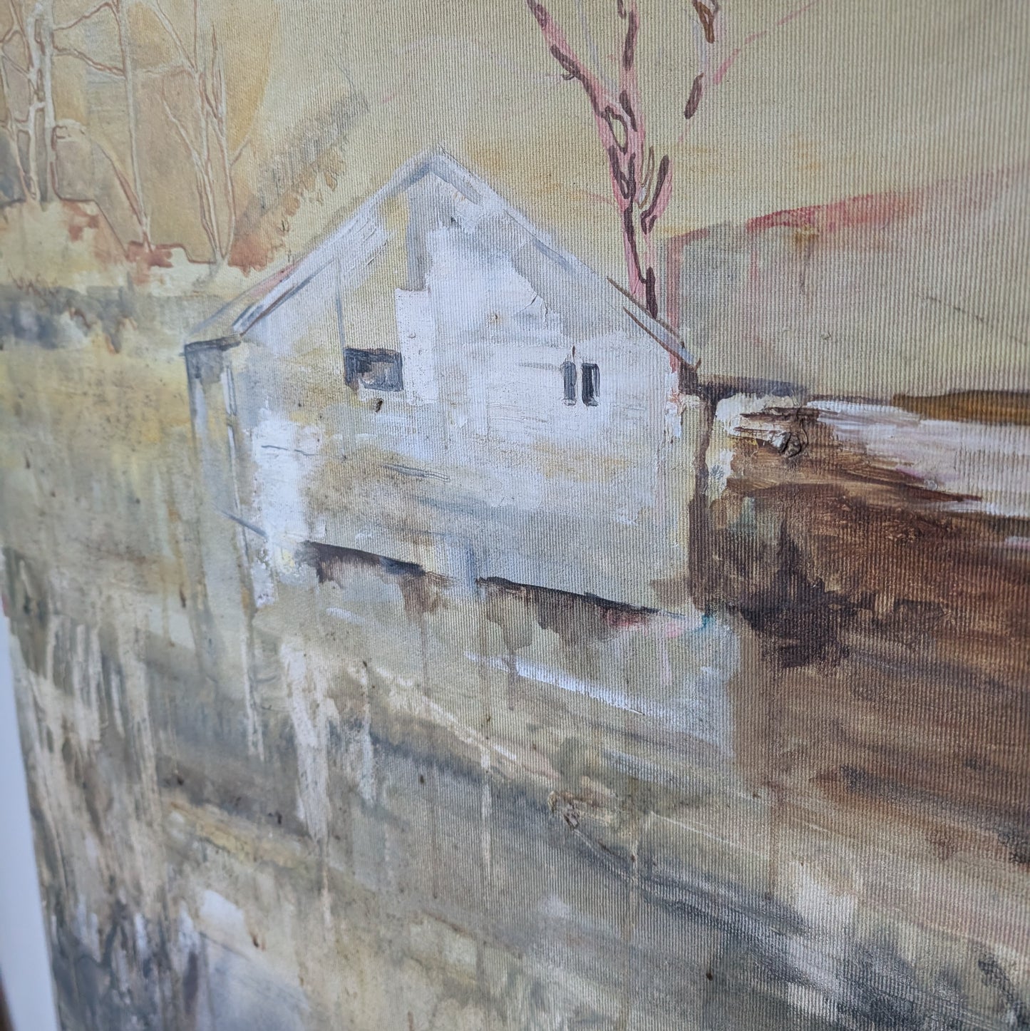 Large Vintage Oil Painting "River Barn"