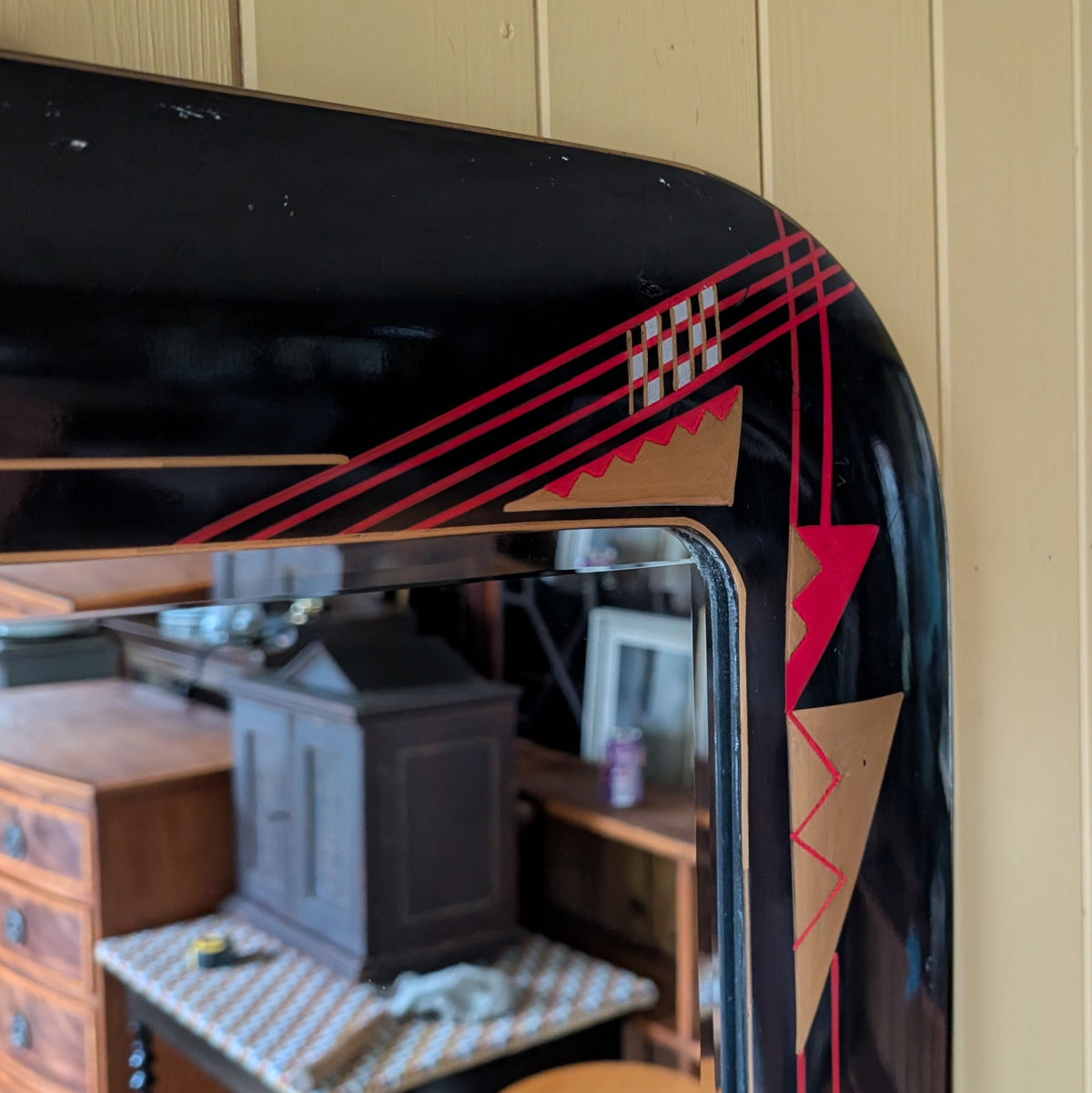 1980s Geometric Black Lacquer Wall Mirror