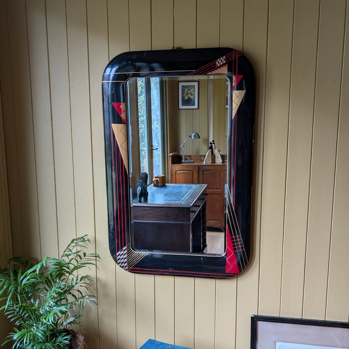 1980s Geometric Black Lacquer Wall Mirror