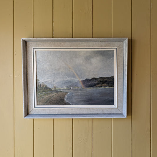Small Mid Century Oil Painting "Rainbow Over Ballachulish"