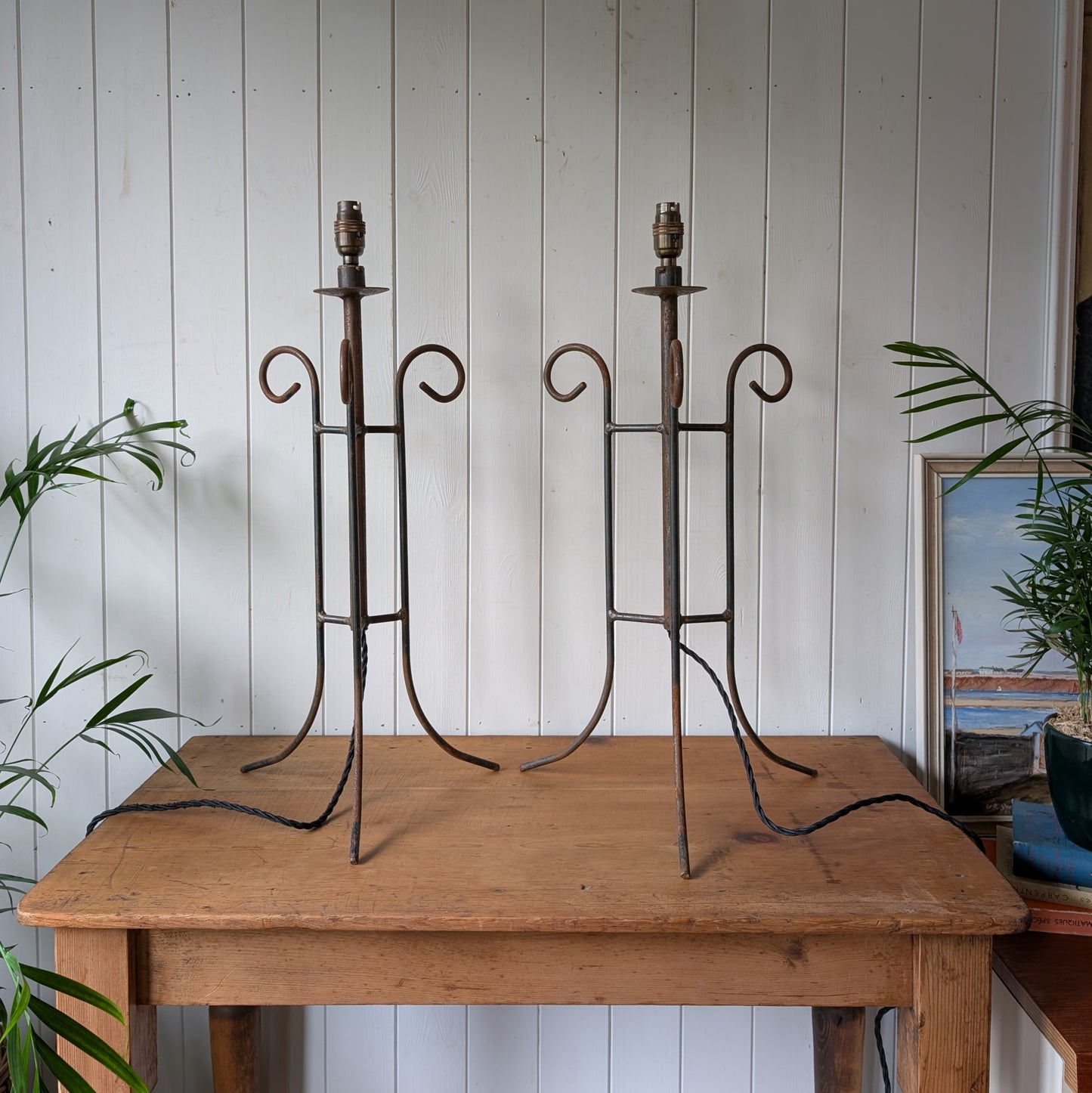 Pair of Large Antique Wrought Iron Lamps