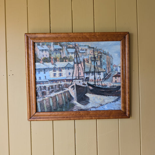 Small Mid Century Oil on Board "Boats at Low Tide"