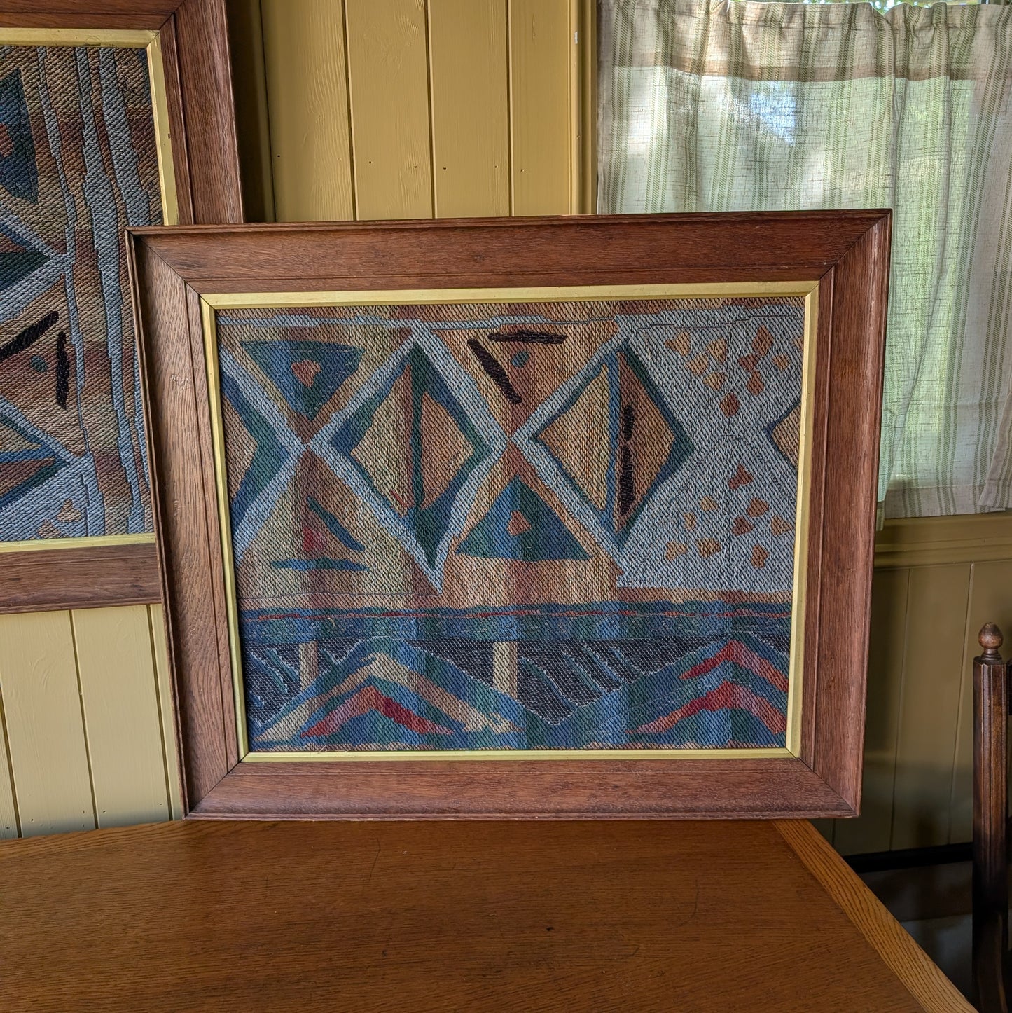 Pair of Vintage Mid-Century Modern Swedish Flatweave Textiles in Oak Frames