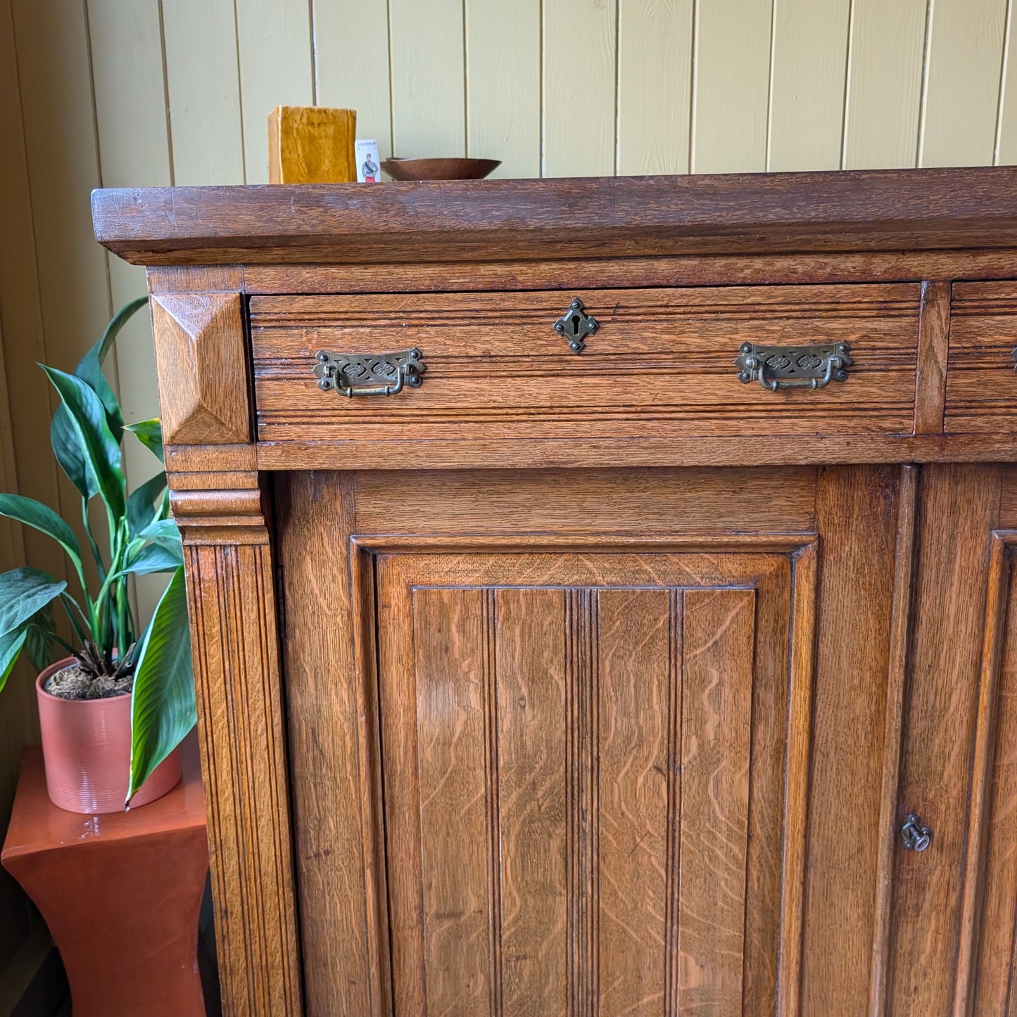 Large Antique Oak Cupboard with Two Drawers.