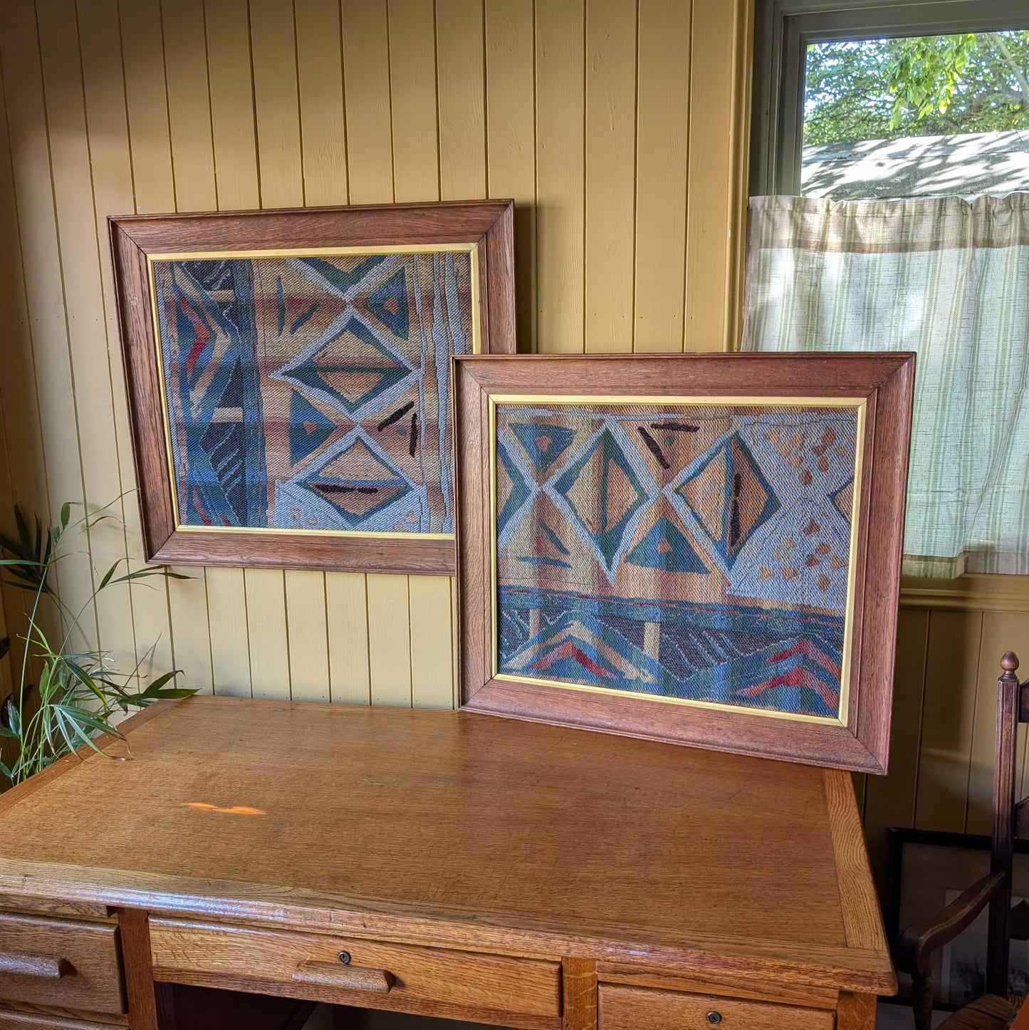 Pair of Vintage Mid-Century Modern Swedish Flatweave Textiles in Oak Frames