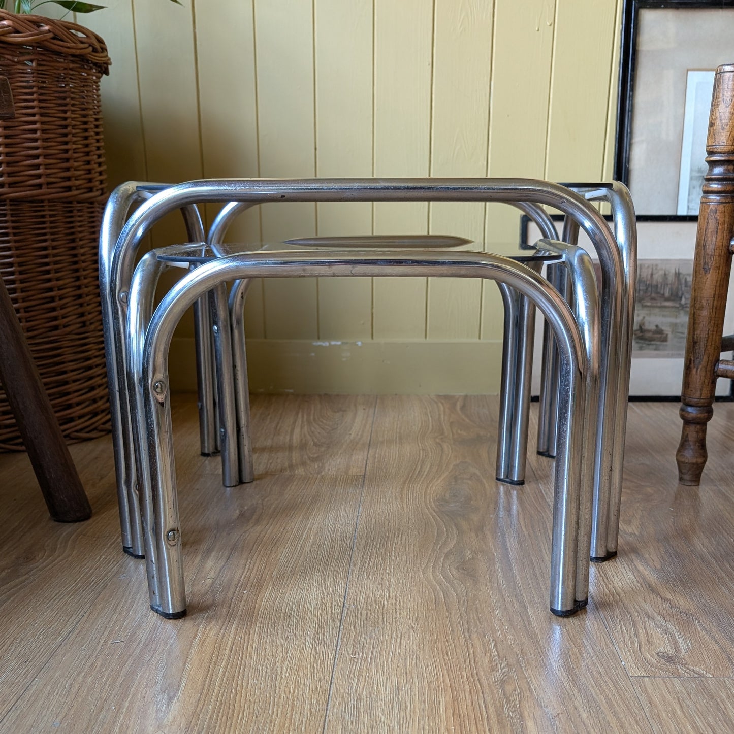 Mid Century Tubular Chrome and Glass Nesting Tables