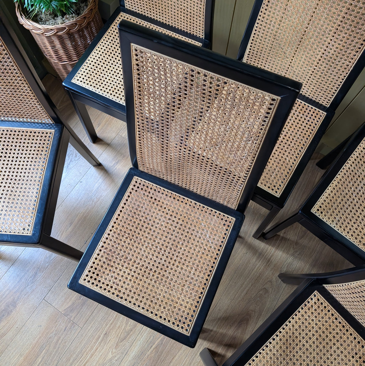 Tito Agnoli Style Vintage Black & Cane Dining Chairs - Set of 6