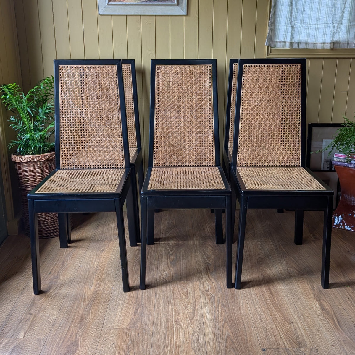 Tito Agnoli Style Vintage Black & Cane Dining Chairs - Set of 6