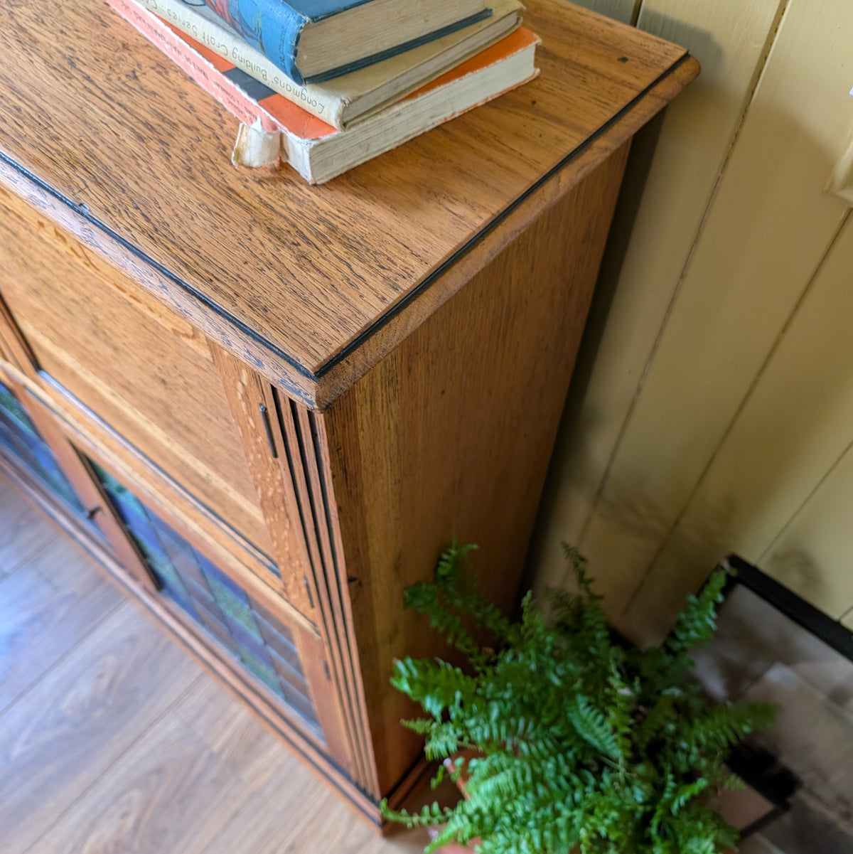 Vintage Oak Cup with Stained Glass Doors