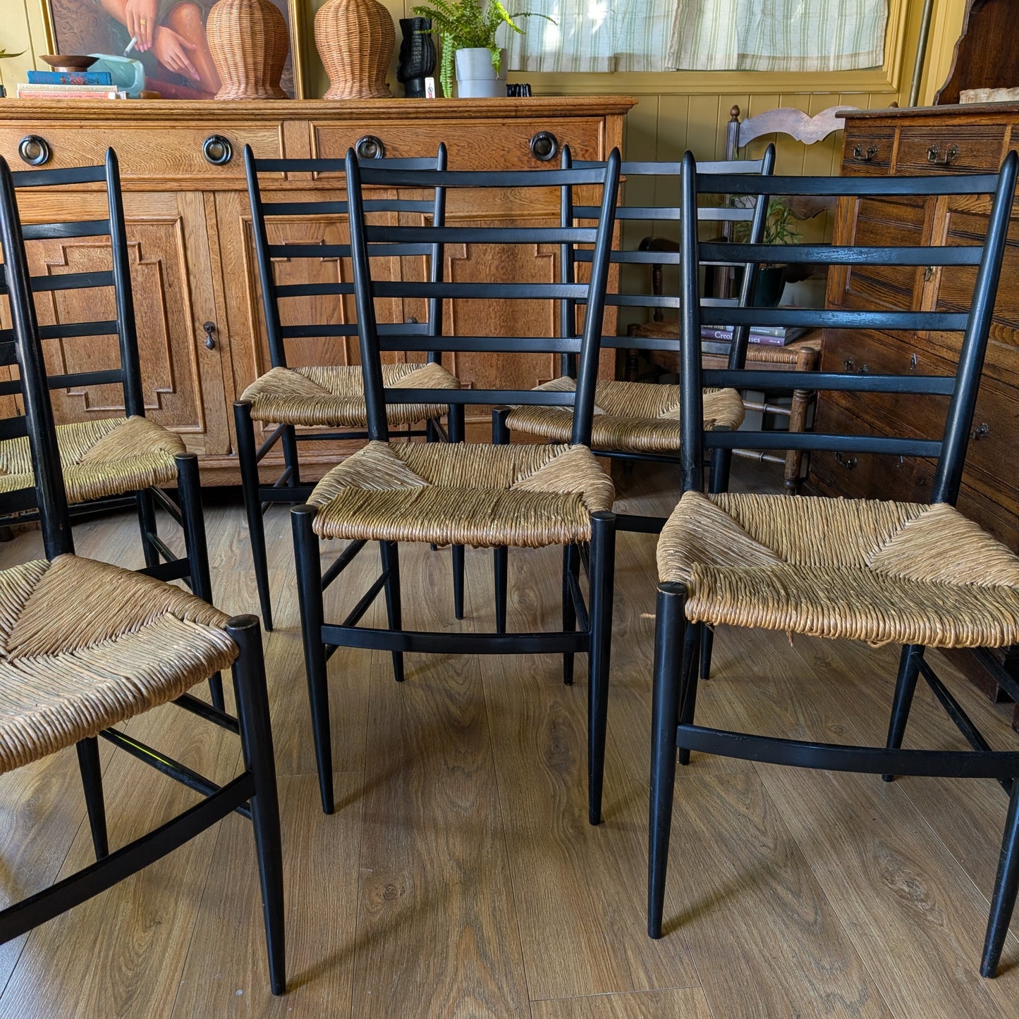 Set of 6 Italian Mid-Century Modern Ladder-Back Chairs with Rush Seats