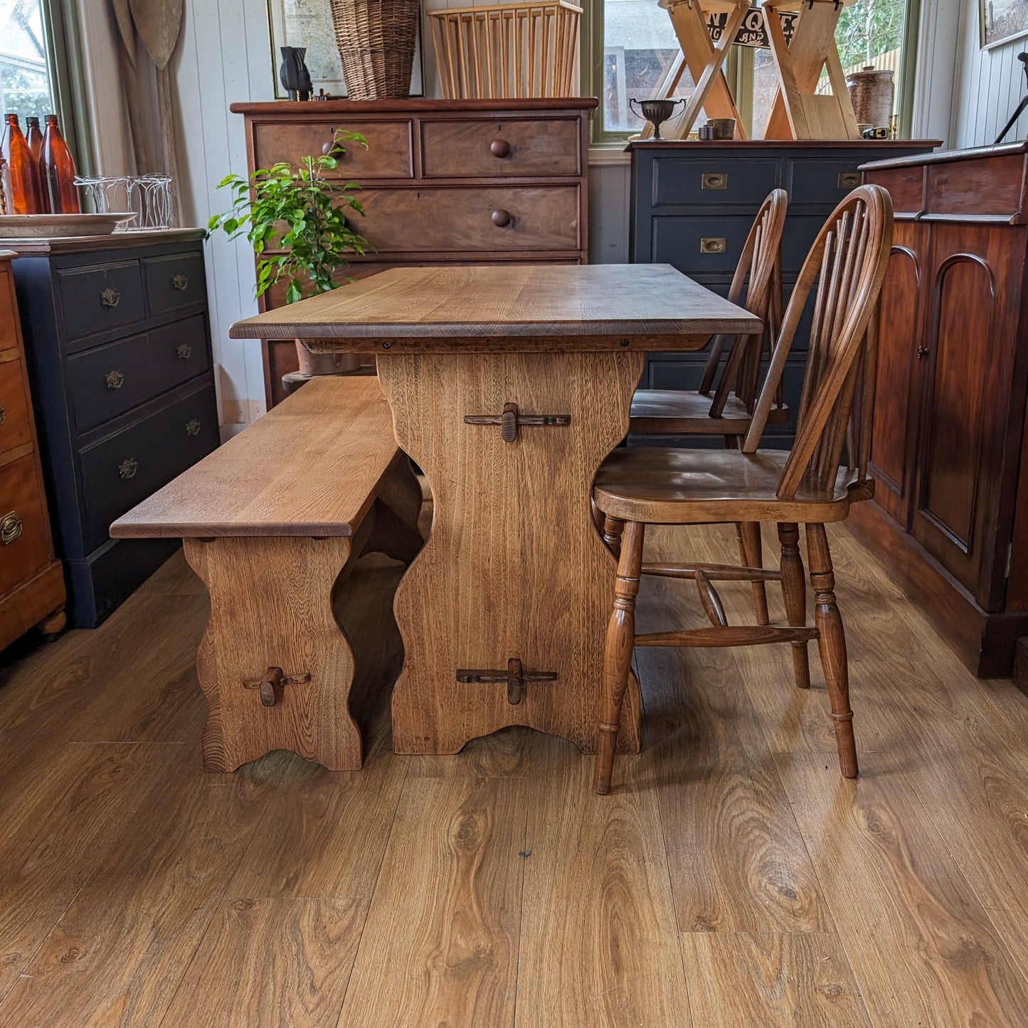 Oak Farmhouse Table, Bench and Two Chairs