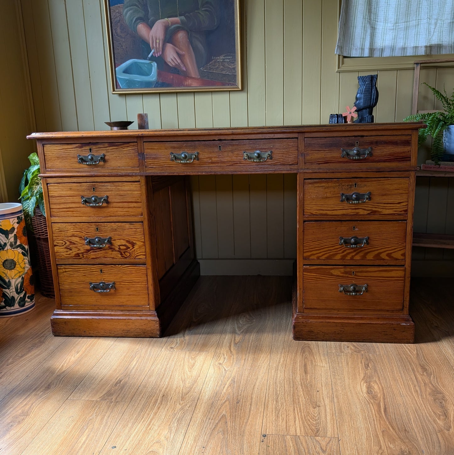 Antique Victorian Pitch Pine Twin Pedestal Desk with Leather Top