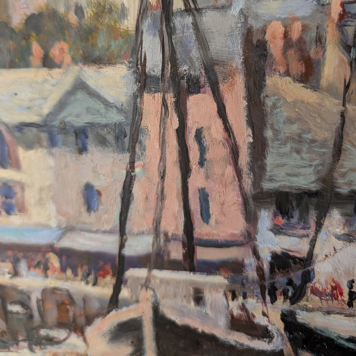 Small Mid Century Oil on Board "Boats at Low Tide"