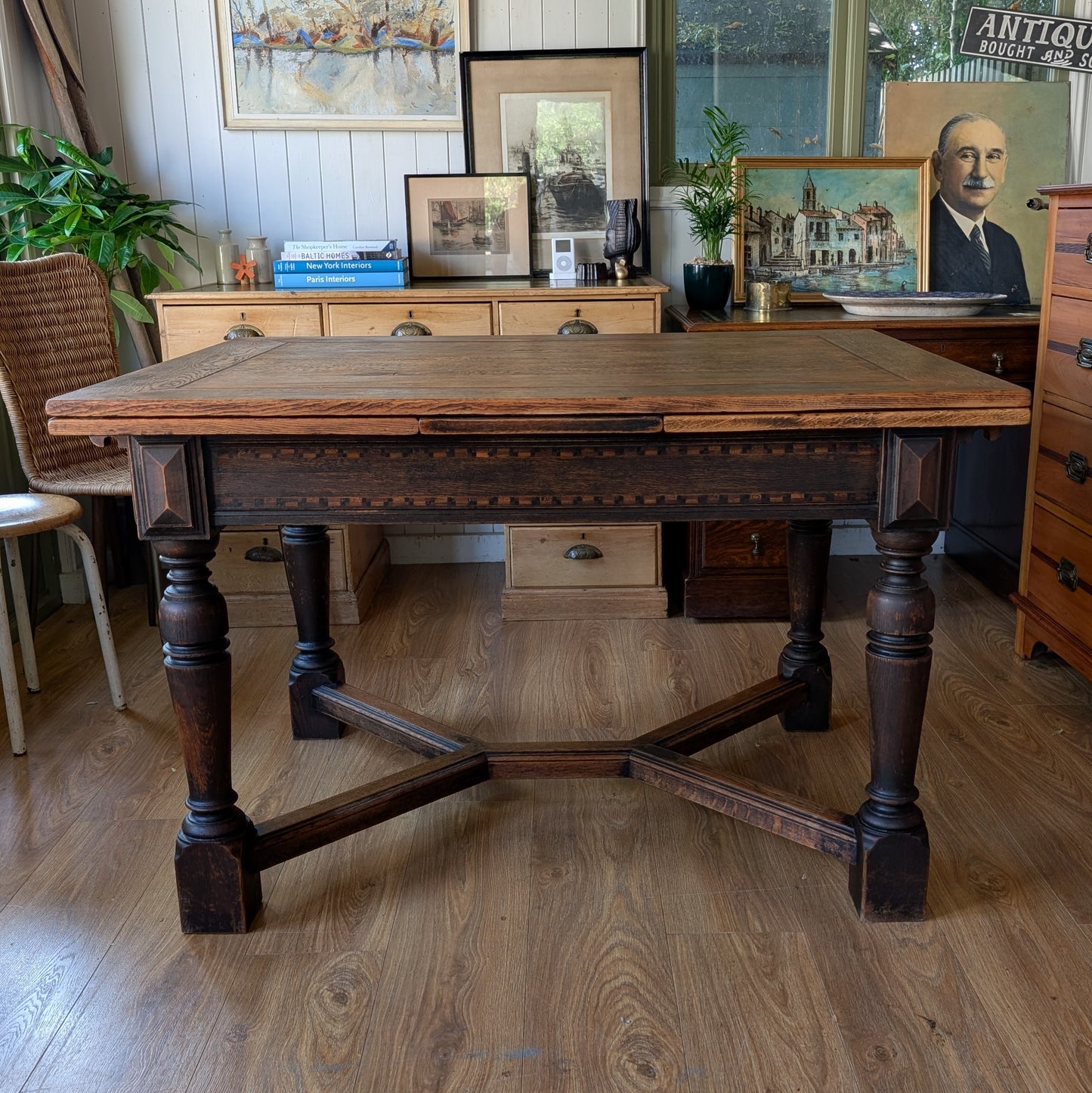 Large Antique Oak Draw Leaf Table