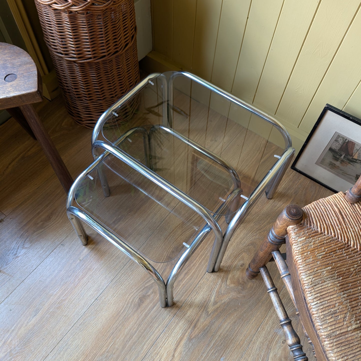 Mid Century Tubular Chrome and Glass Nesting Tables