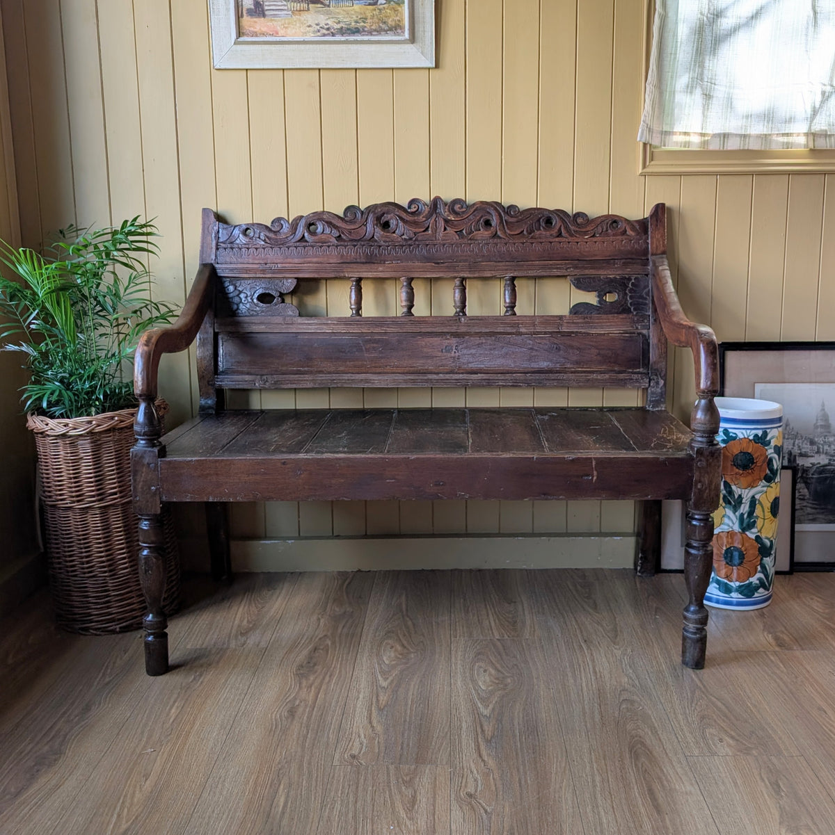 Vintage Carved Architectural Wooden Bench with Plank Seat