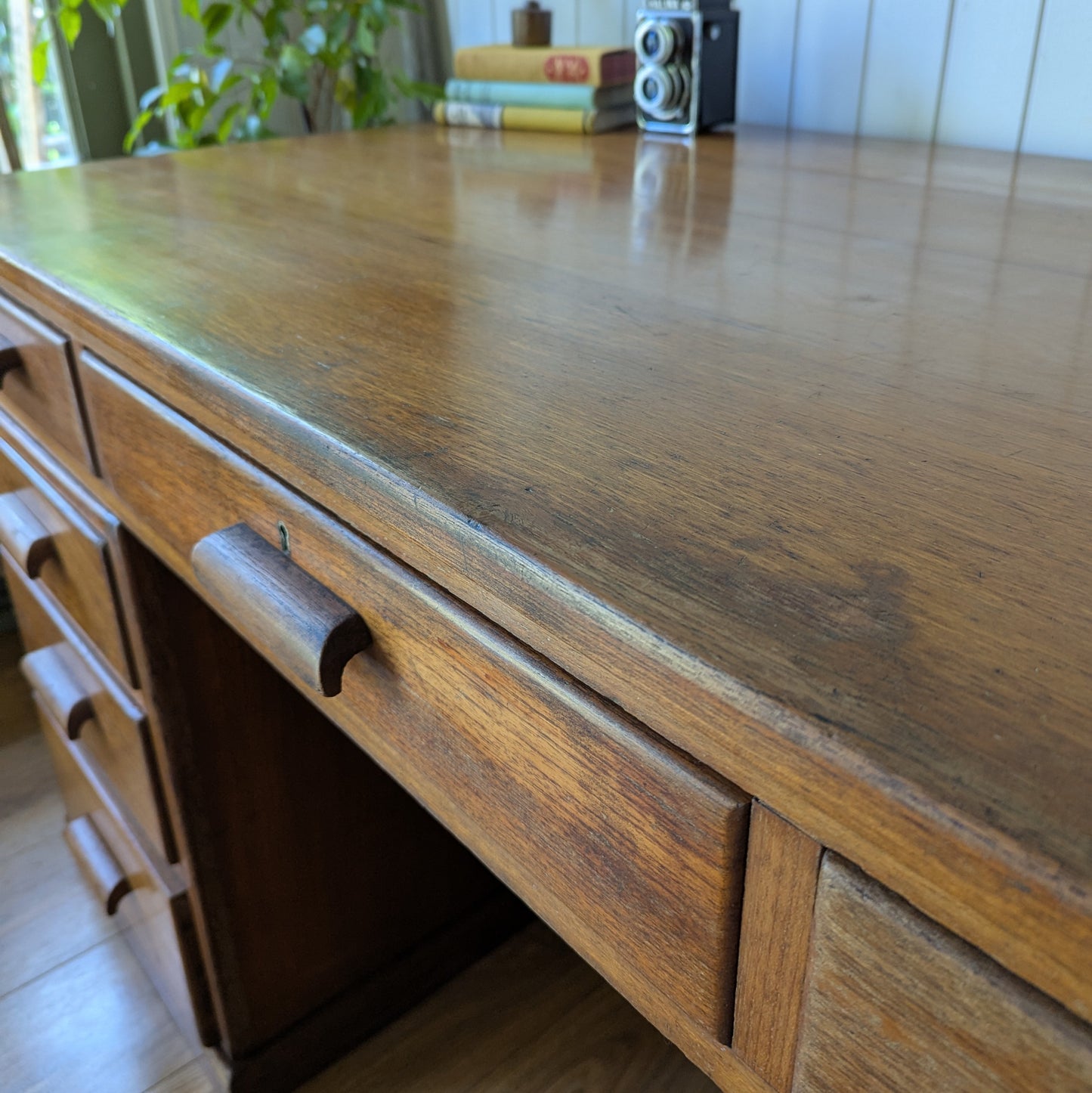 Antique Teak Twin Pedestal Desk