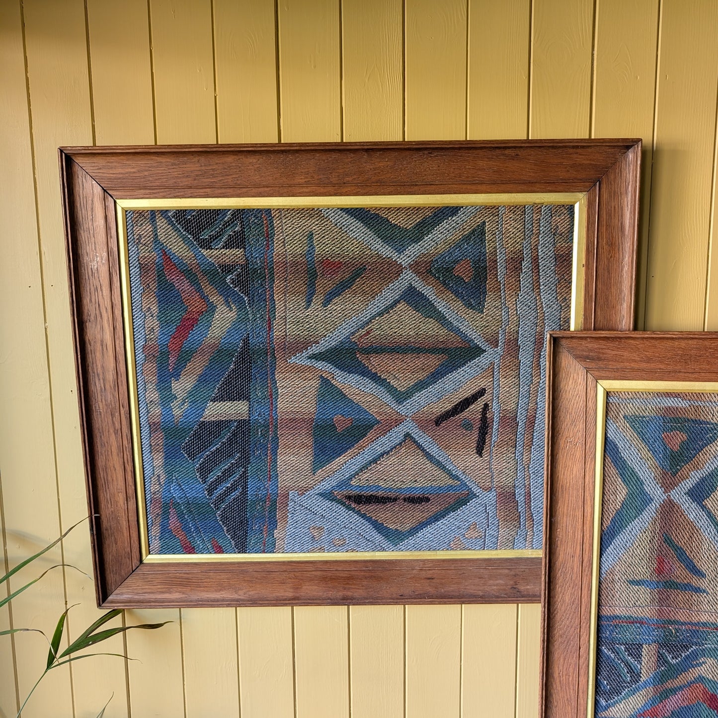 Pair of Vintage Mid-Century Modern Swedish Flatweave Textiles in Oak Frames