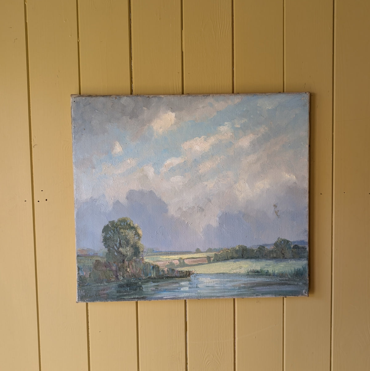 Antique Oil Painting "Clouds over the River Meadow"