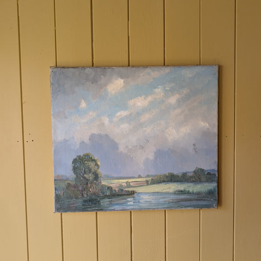 Antique Oil Painting "Clouds over the River Meadow"