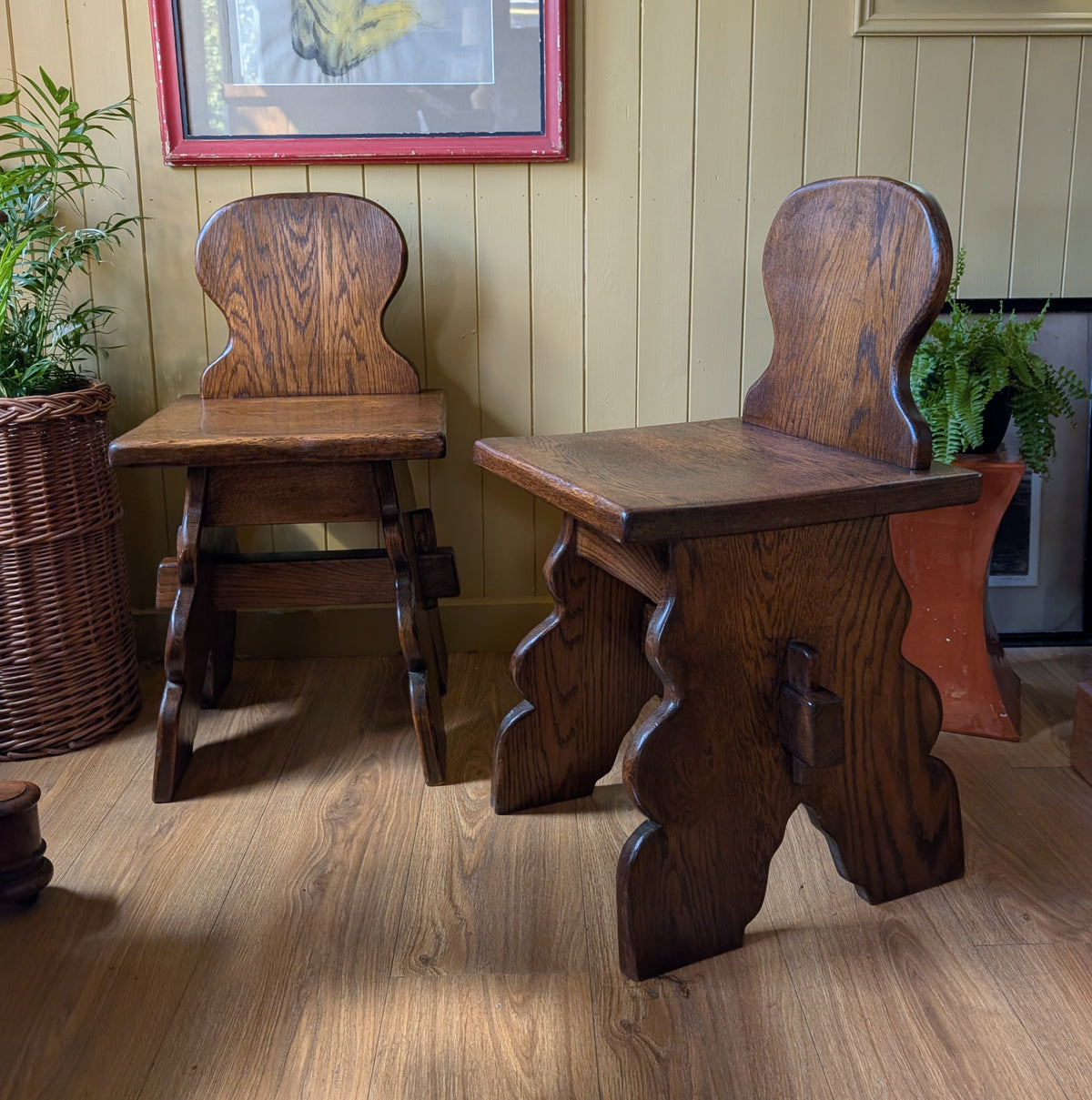 Pair of 1960s Mid-Century Brutalist Solid Oak Dining Chairs