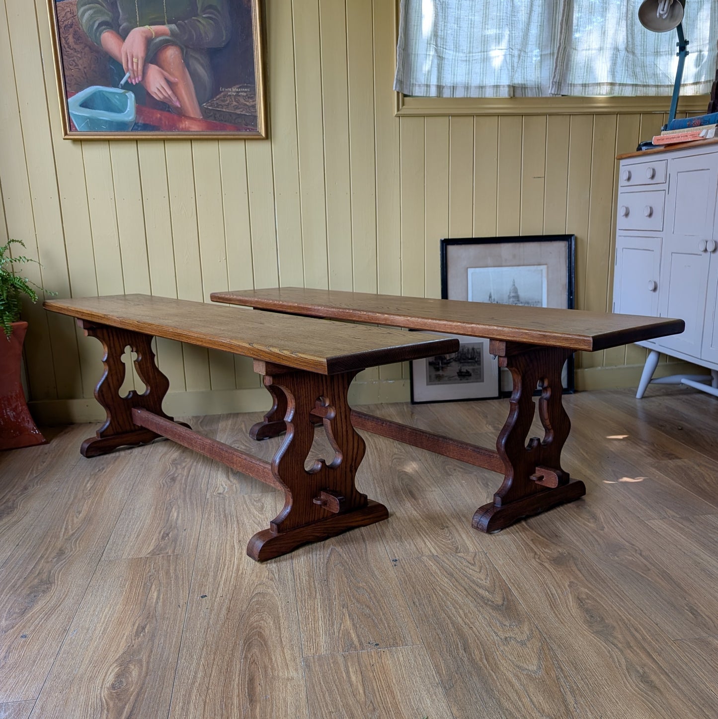 Pair of Vintage Solid Oak Benches