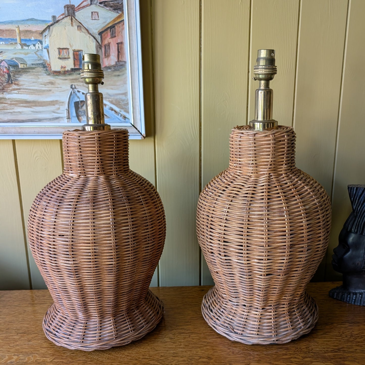 Pair of Large Vintage Woven Wicker Lamps